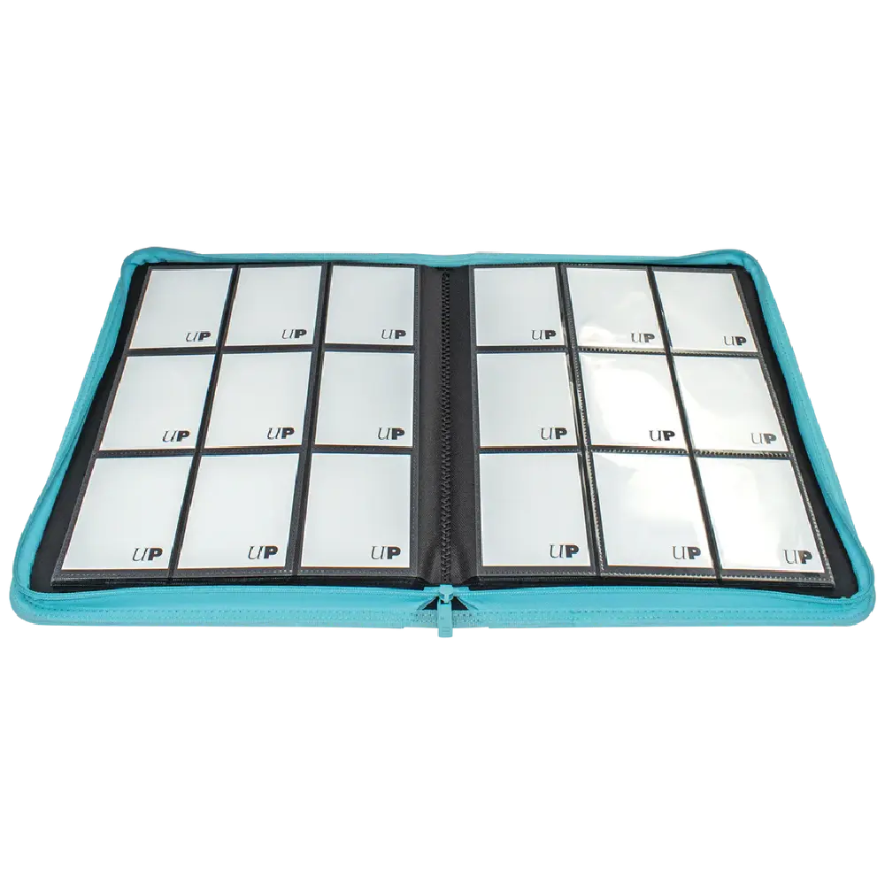 Picture of open Ultra Pro Vivid binder in light blue